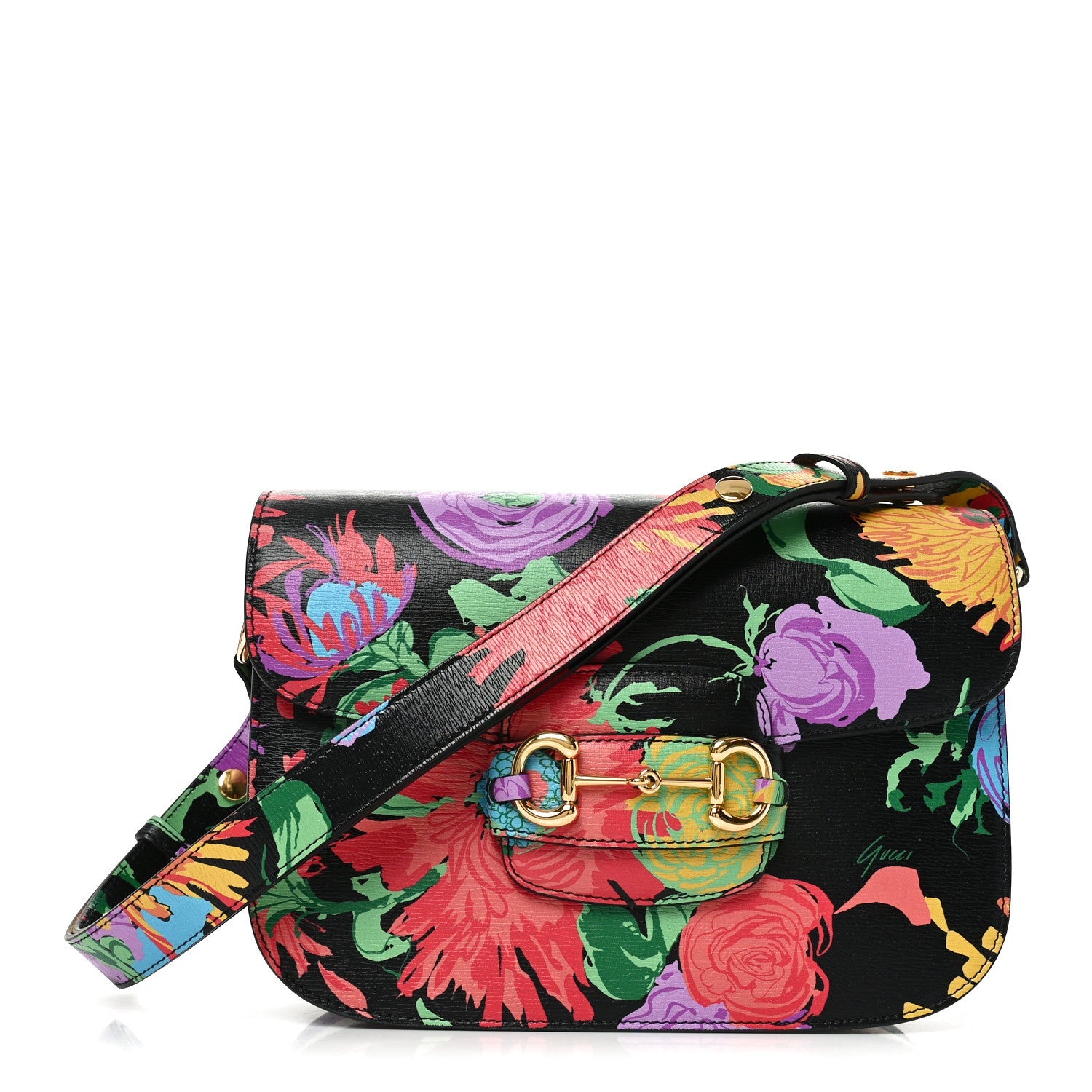 X KEN SCOTT New Shangai Calfskin Jenny Floral Print Horsebit 1955 Shoulder Bag Black Pink