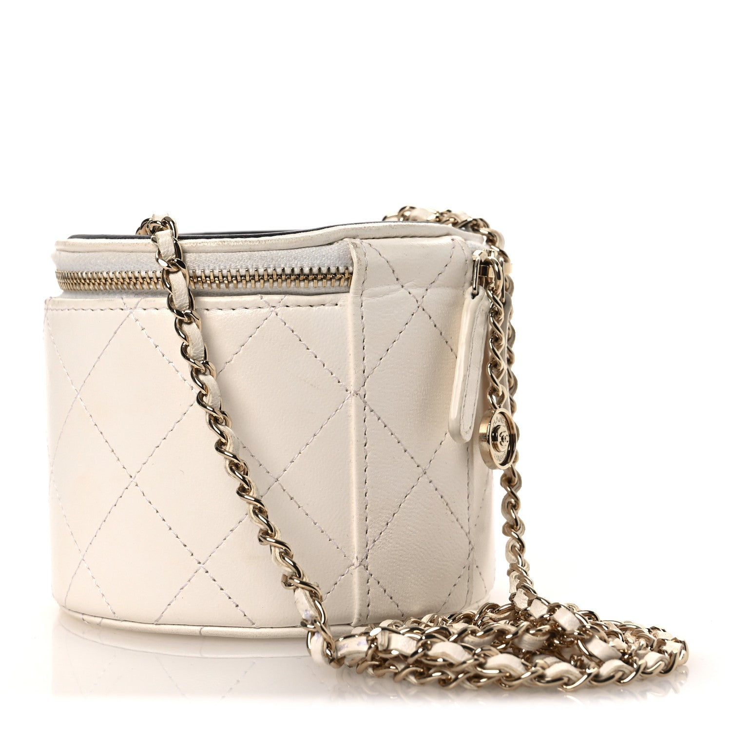 Lambskin Quilted Round Small Vanity Case With Chain White Black