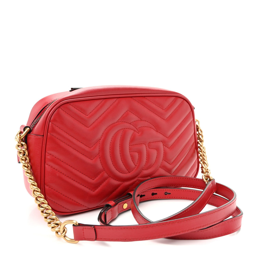 Calfskin Matelasse Small GG Marmont Chain Shoulder Bag Hibiscus Red