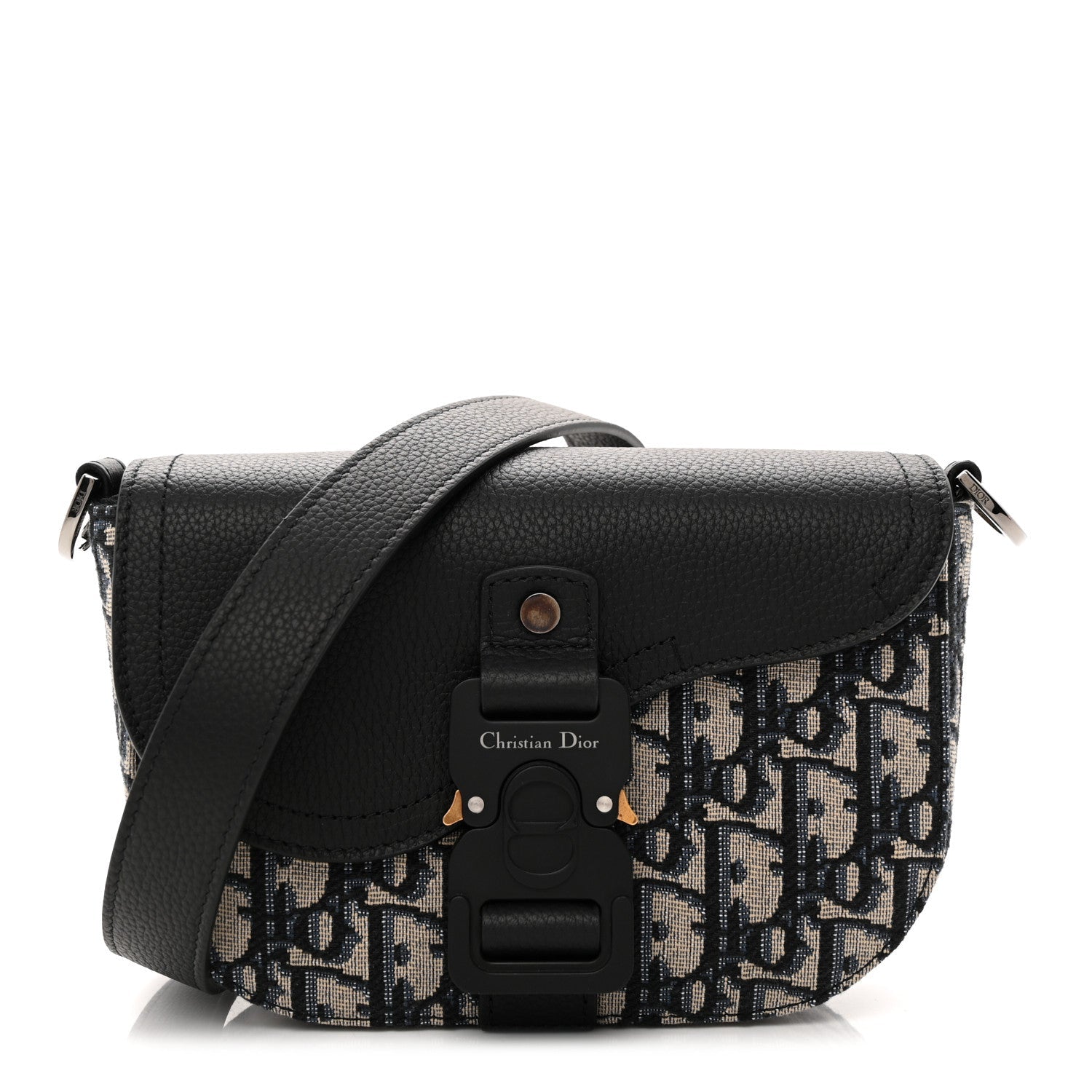 Grained Calfskin Oblique Mini Saddle Messenger Bag With Flap Beige Black