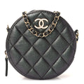 Iridescent Caviar Quilted Round Clutch With Chain Black
