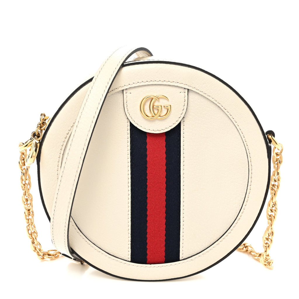 Textured Calfskin Web Mini Ophidia Round Shoulder Bag Mystic White