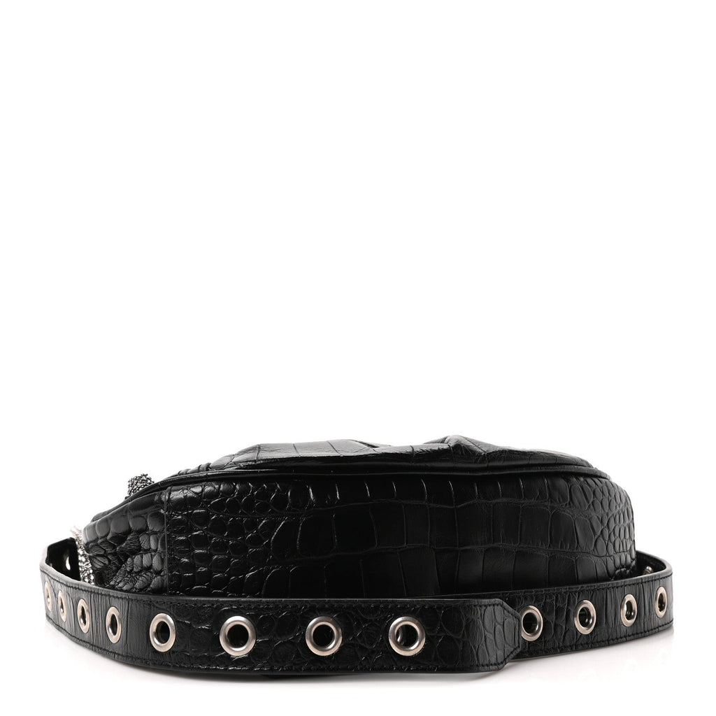 Extra Supple Calfskin Crystal Crocodile Embossed Le Cagole Shoulder Bag XS Black