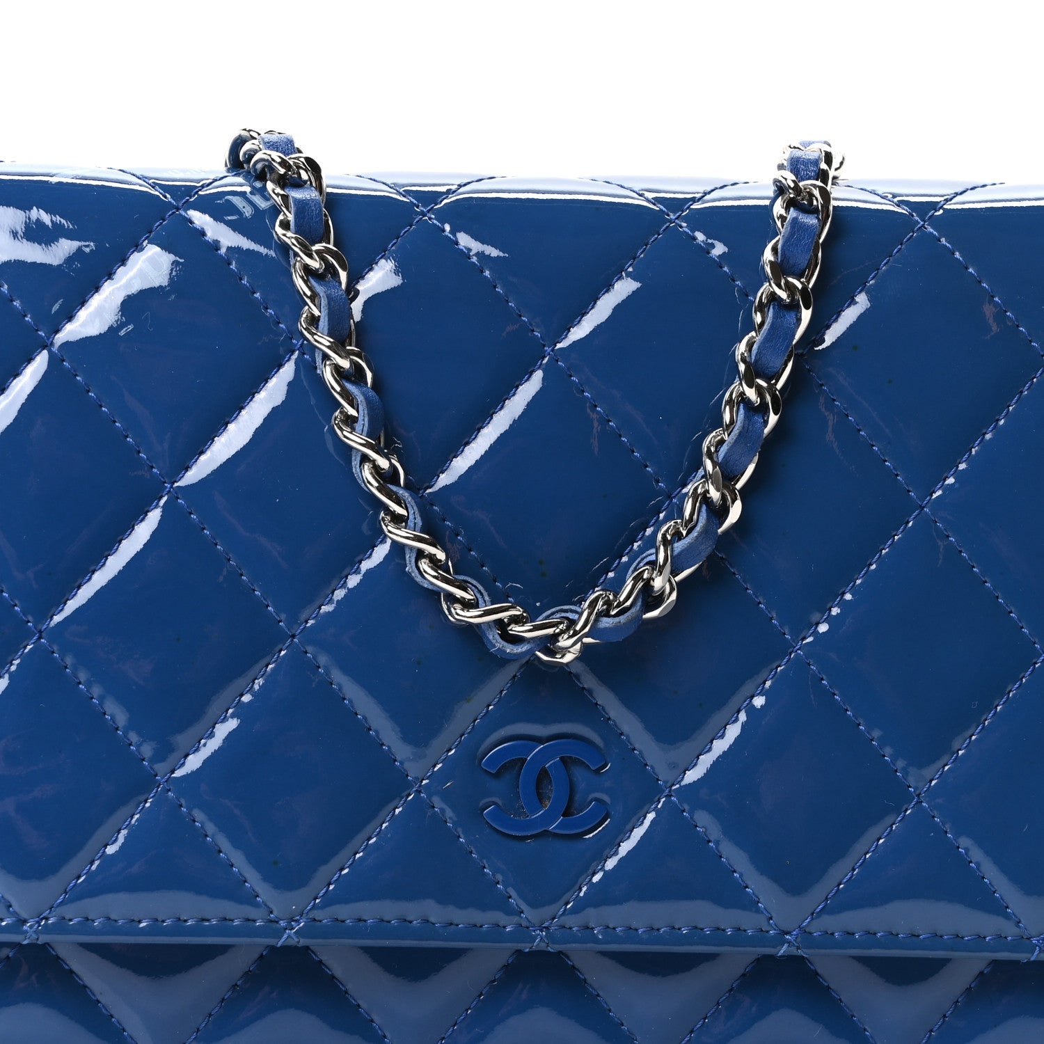 Patent Calfskin Quilted Wallet On Chain WOC Dark Blue