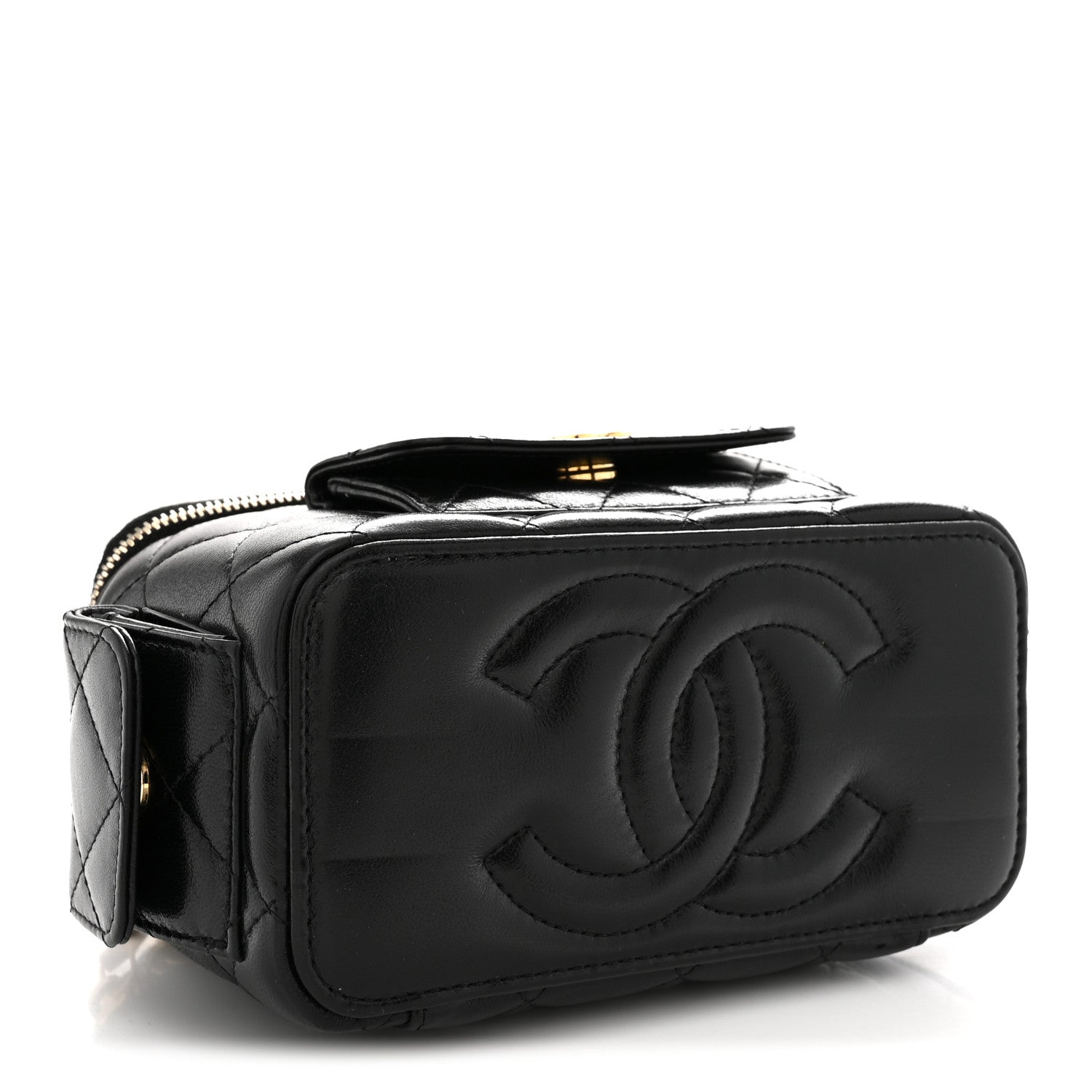 Lambskin Quilted Polly Pocket East West Top Vanity With Chain Black