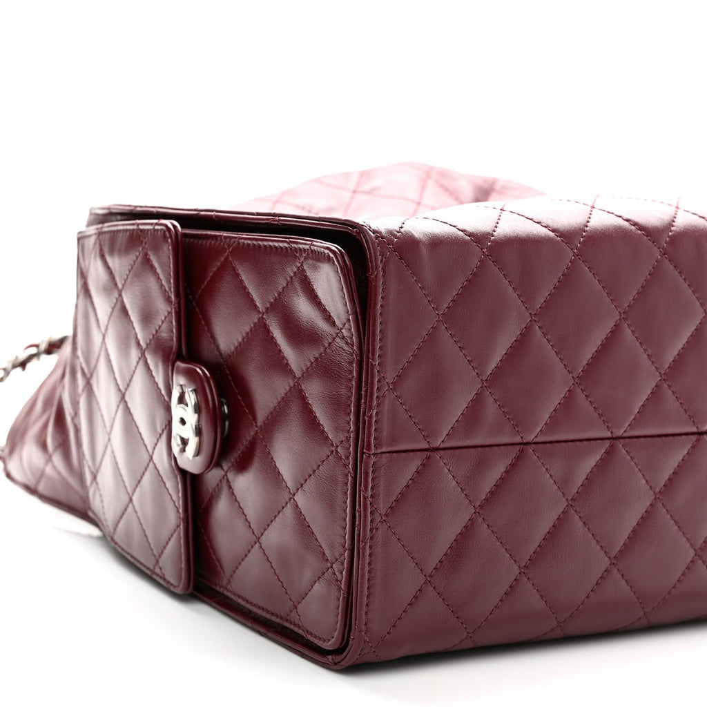 Shiny Crumpled Calfskin Quilted Medium Chanel 25 Handbag Dark Burgundy