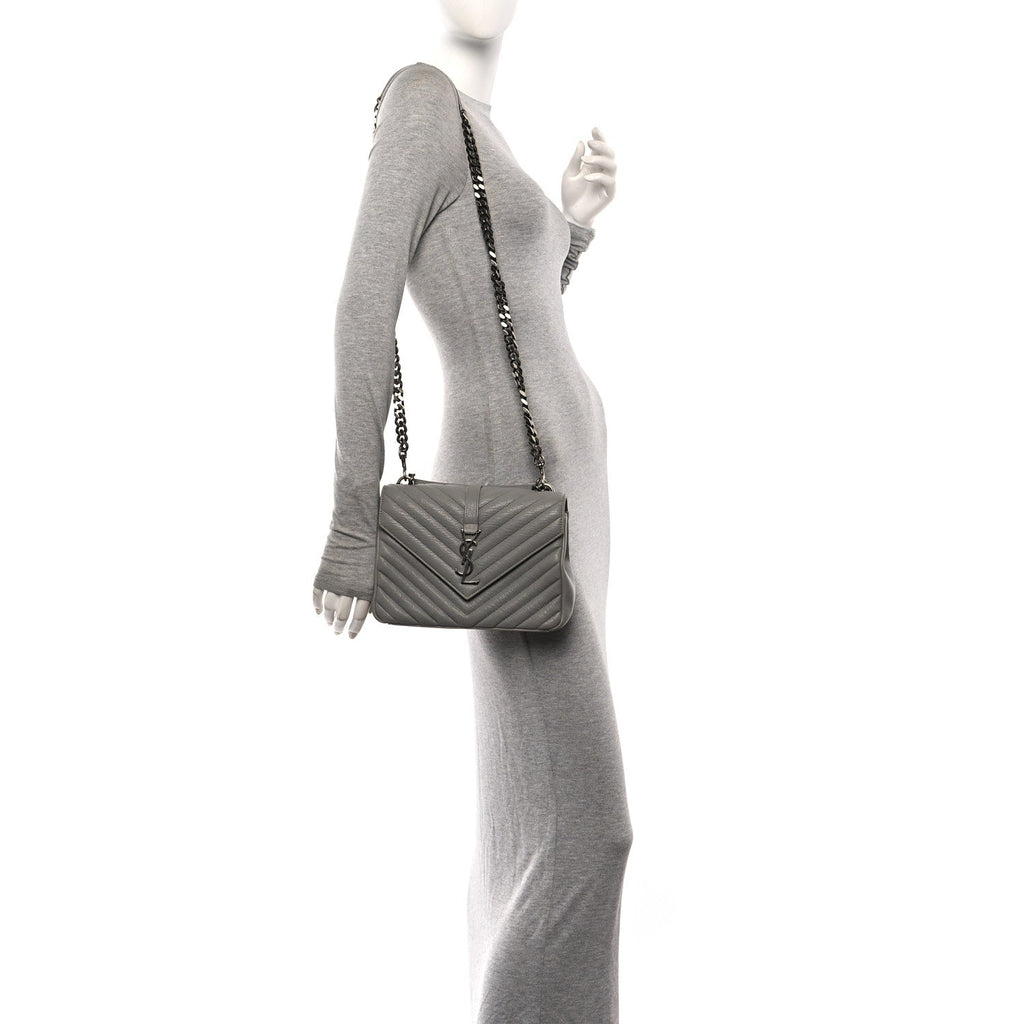 Sheepskin Matelasse Chevron Monogram Medium College Bag New Stone Grey