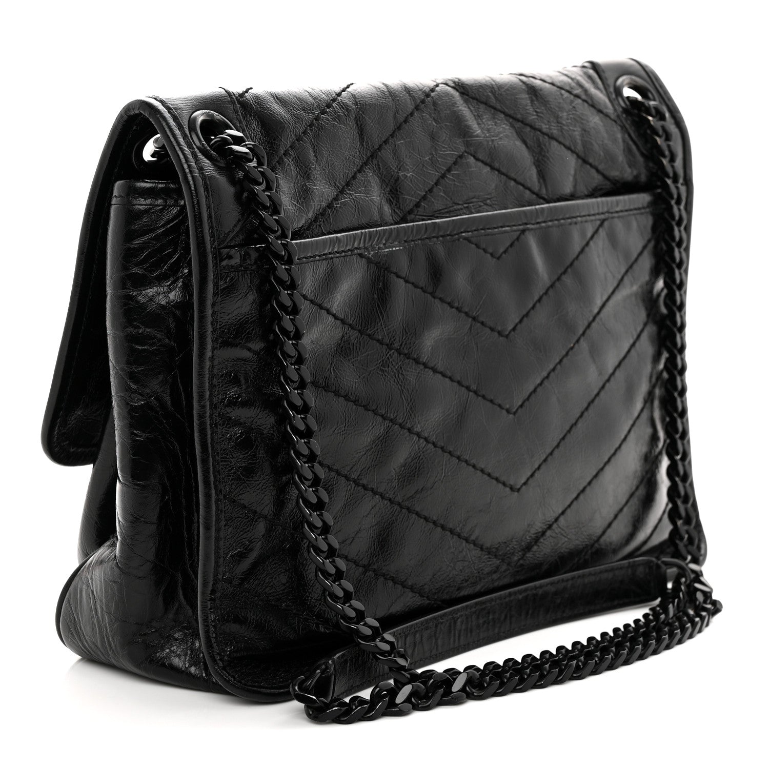 Crinkled Calfskin Matelasse Monogram Medium Niki Chain Satchel Black