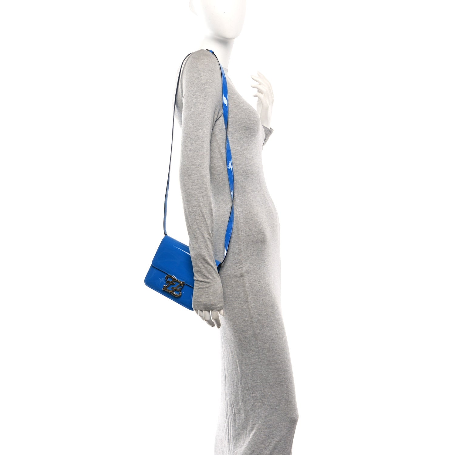 Vitello Vernice Mou Karligraphy Crossbody Bag Bluette