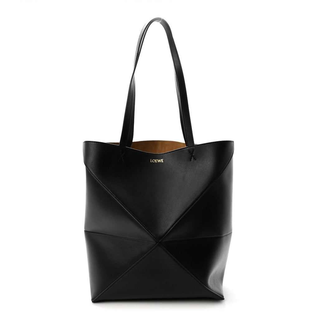 Shiny Calfskin Medium Puzzle Fold Tote Black