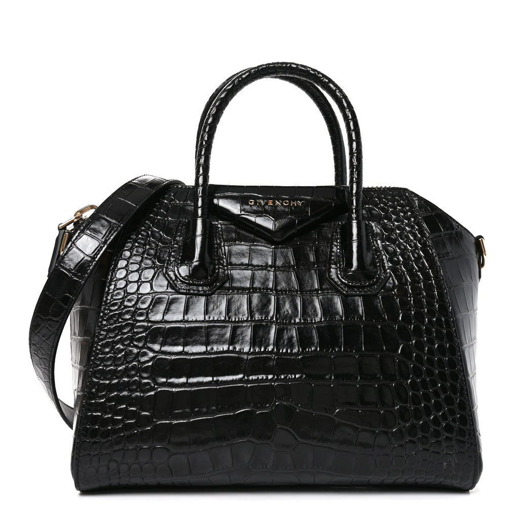 Calfskin Crocodile Embossed Small Antigona Black