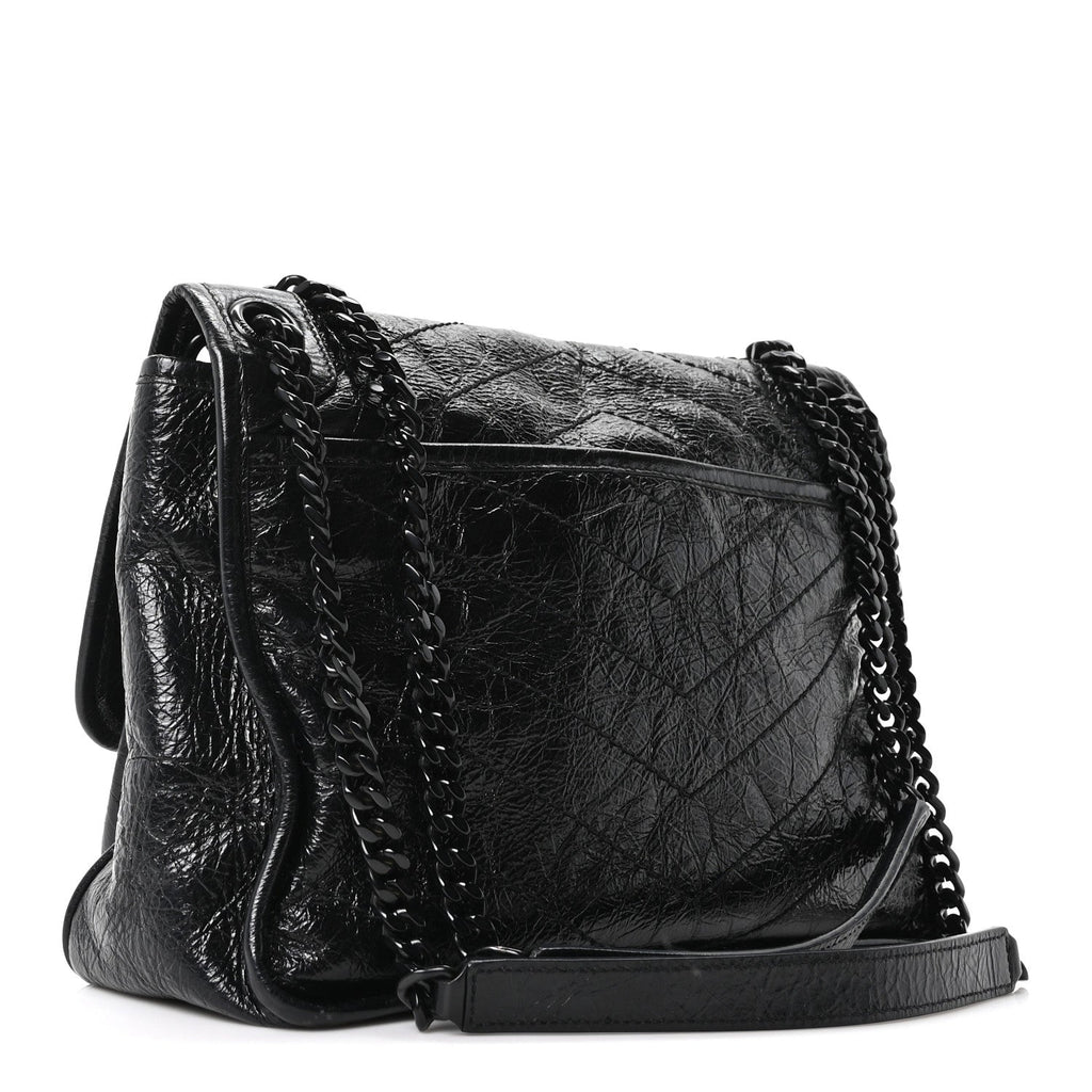 Crinkled Calfskin Matelasse Monogram Medium Niki Chain Satchel Black