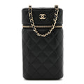 Caviar Quilted Phone Holder With Chain Black