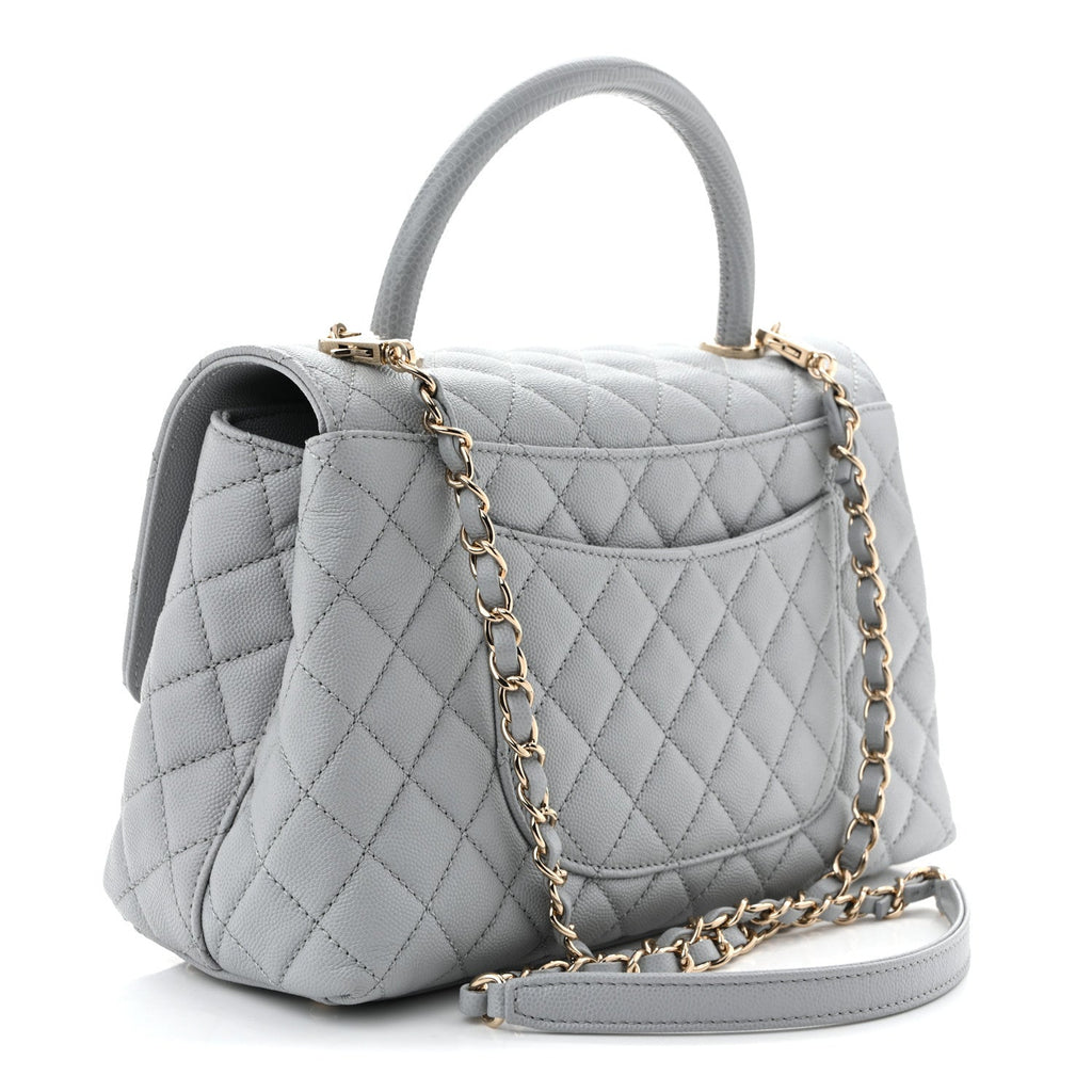 Caviar Lizard Embossed Quilted Small Coco Handle Flap Light Grey