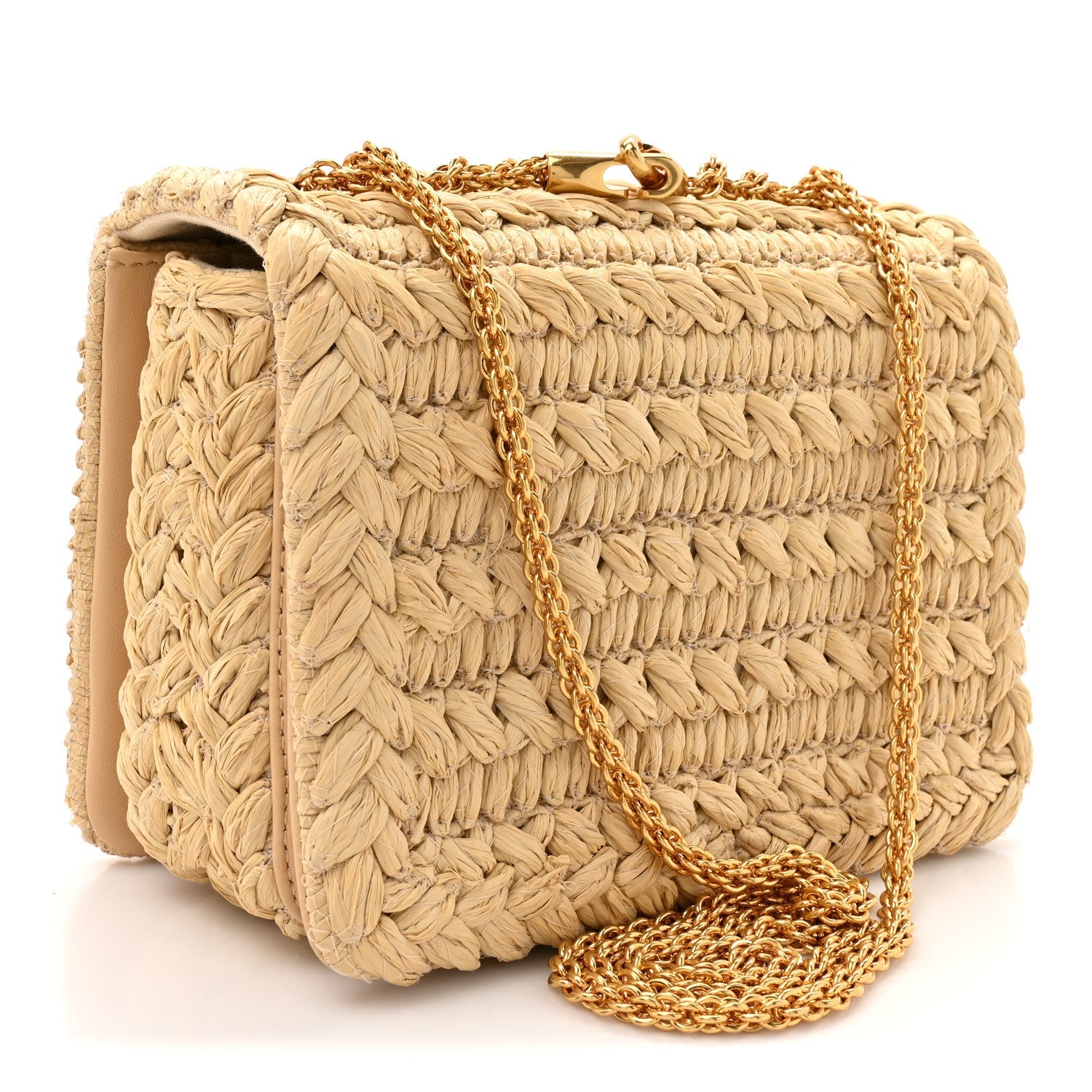 Raffia One Stud Chain Clutch Natural
