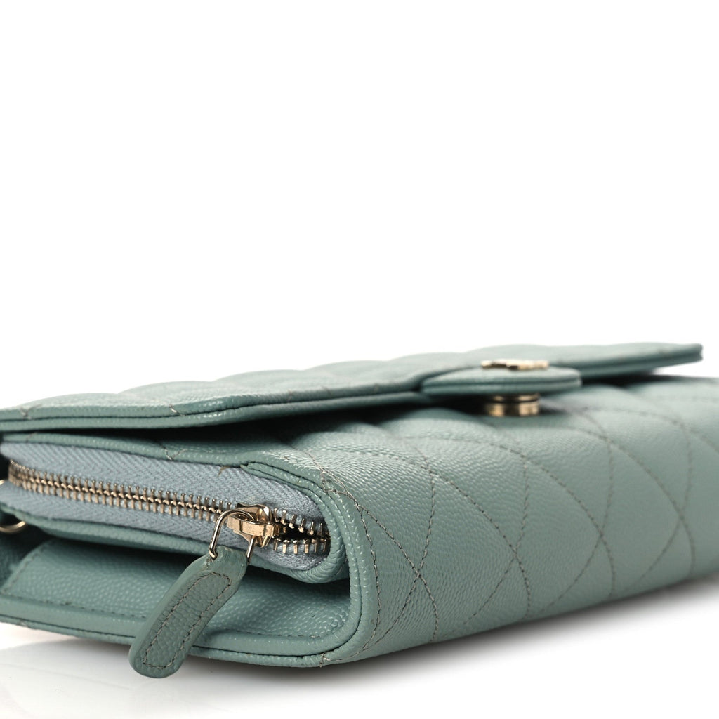Caviar Quilted Phone Holder Wallet on Removable Chain Light Blue