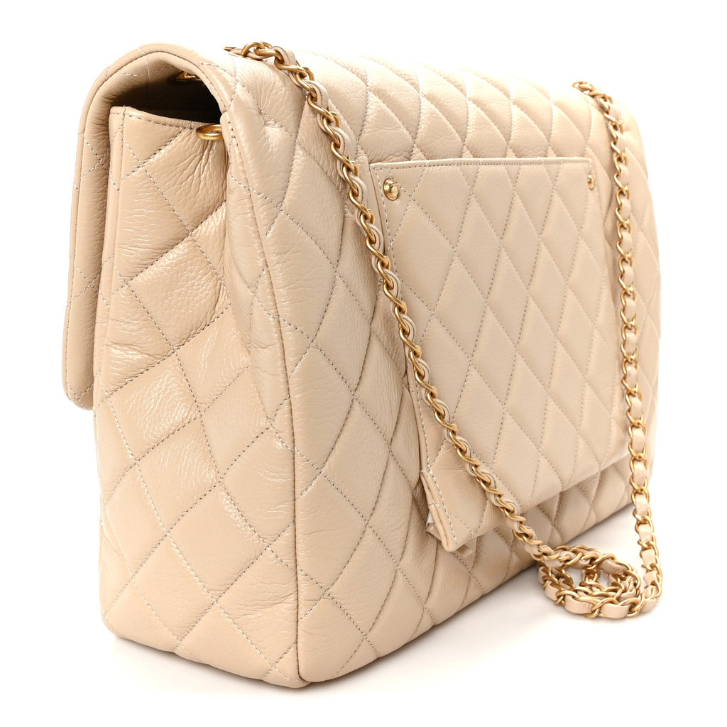 Grained Calfskin Quilted XXL Travel Flap Bag Beige