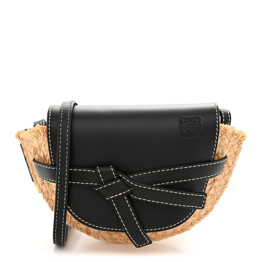 Calfskin Raffia Mini Gate Crossbody Bag Natural Black