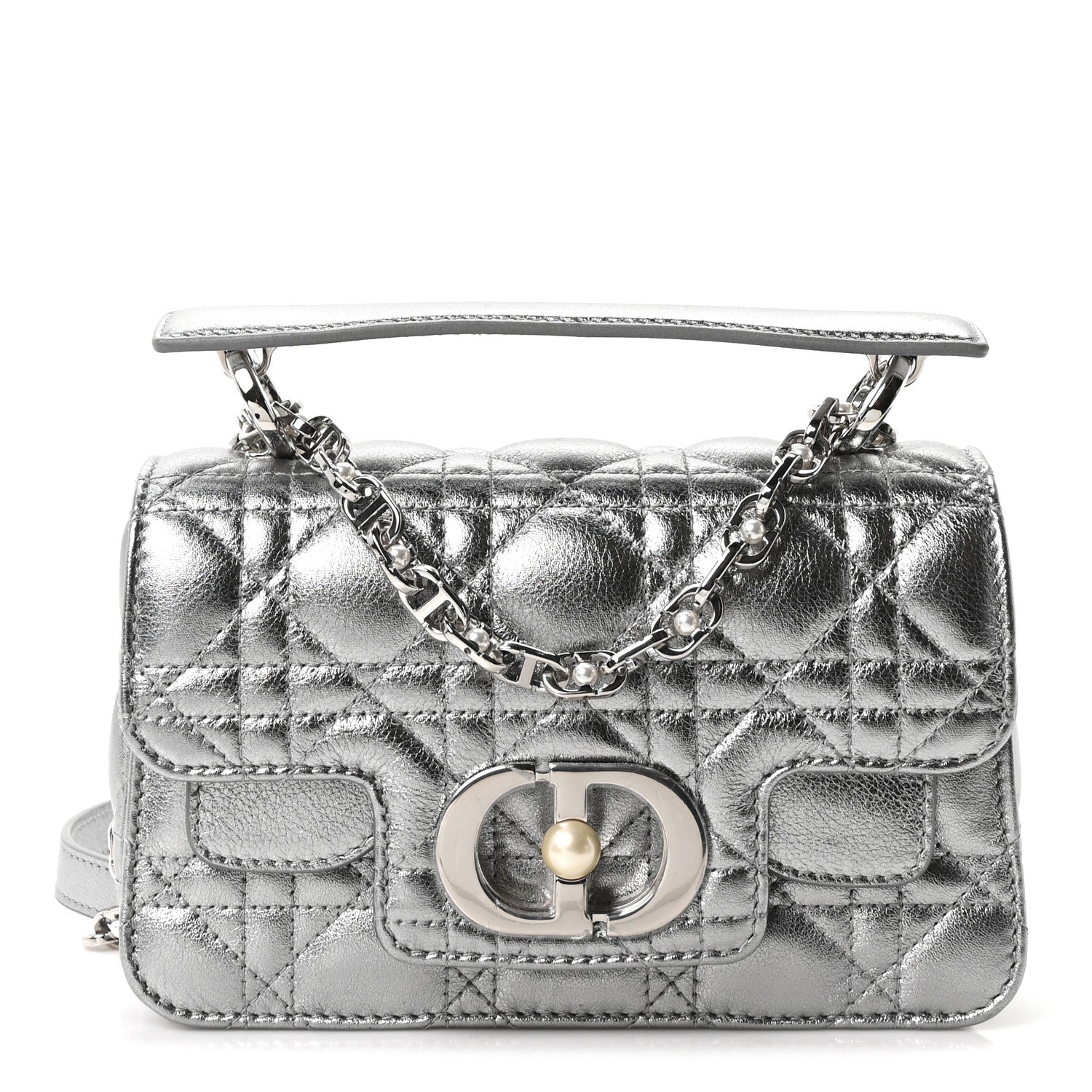 Metallic Lambskin Cannage Mini Jolie Top Handle Bag Silver