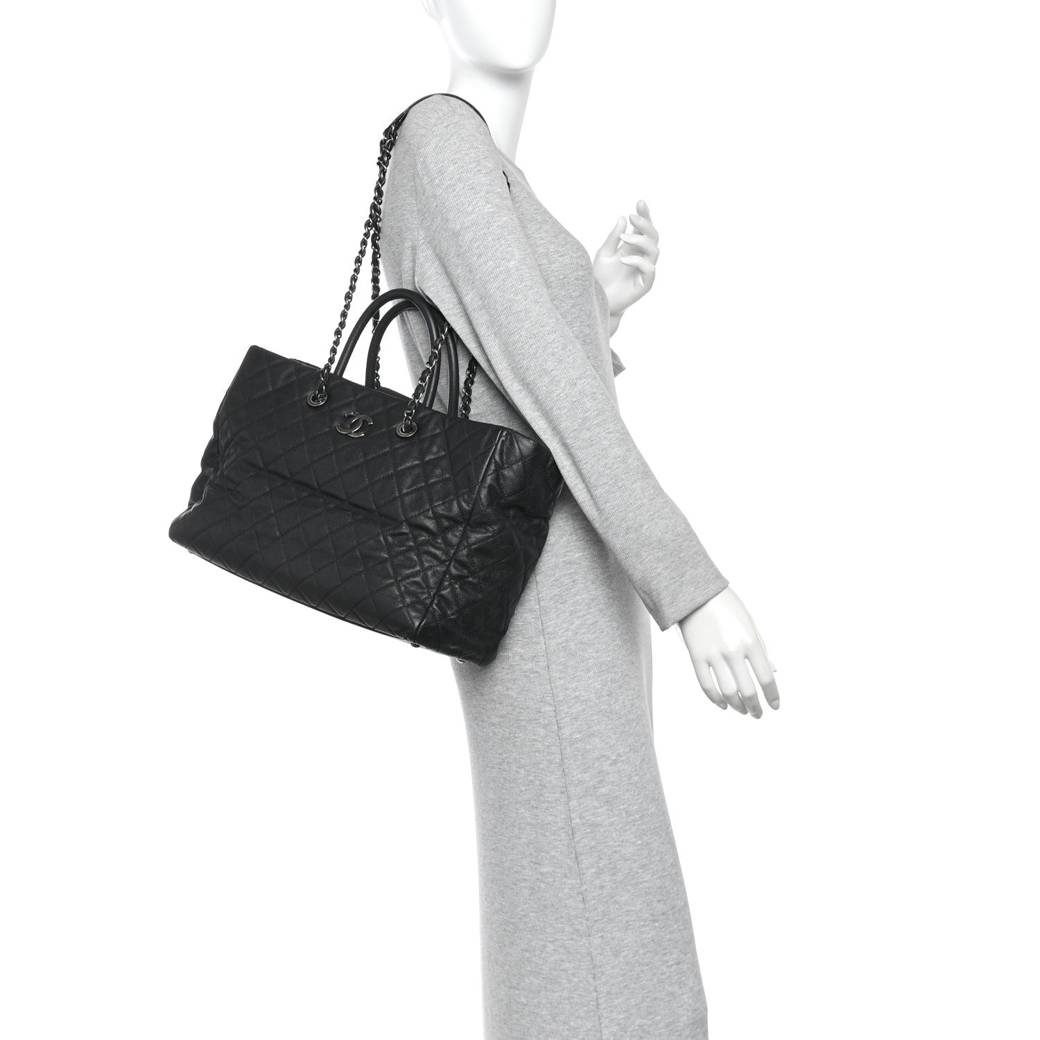 Caviar Quilted Large Coco Handle Shopping Tote Black