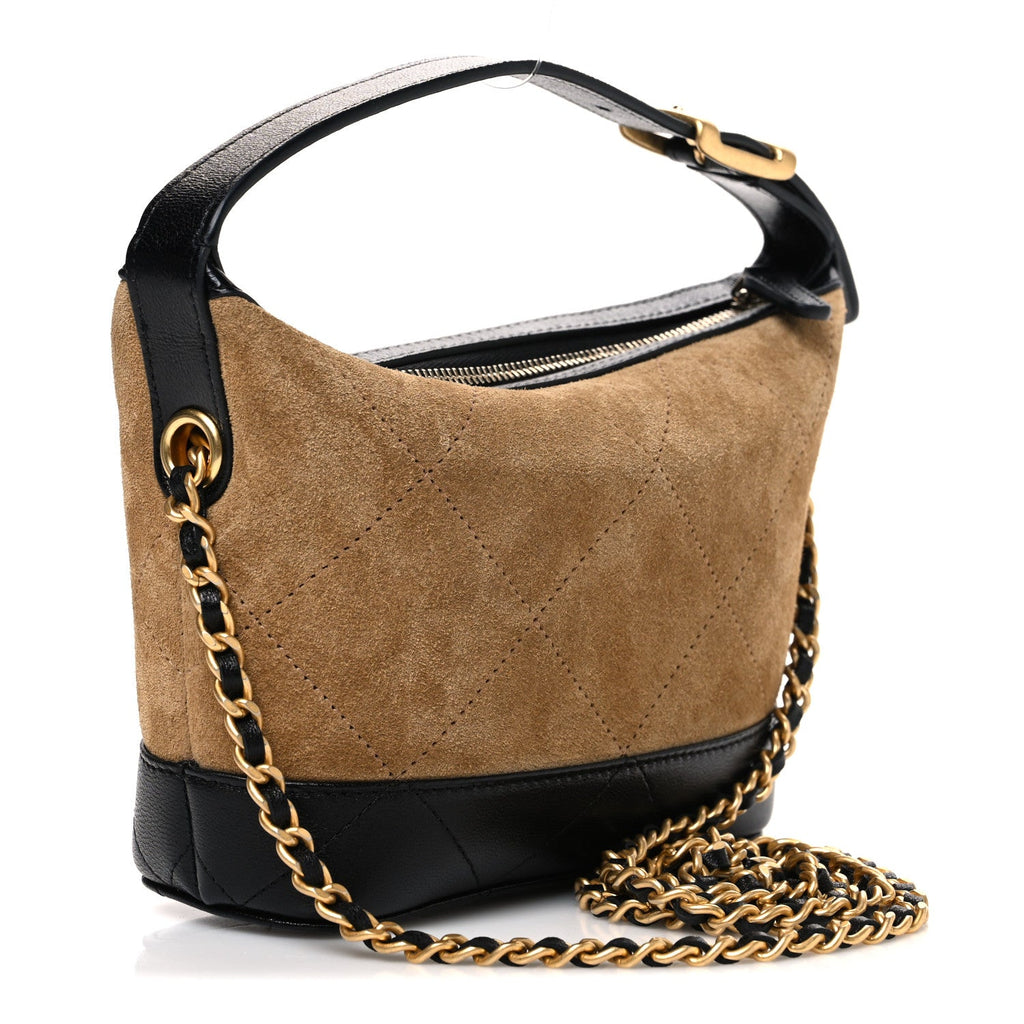 Suede Calfskin Shiny Lambskin Quilted Coco Base Hobo Clutch With Chain Beige Black