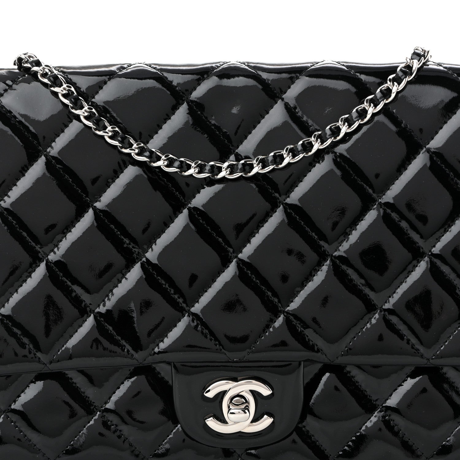 Patent Quilted Clutch with Chain Flap Black