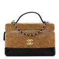 Suede Calfskin Shiny Lambskin Quilted Top Handle Slim Vanity Case With Chain Beige Black