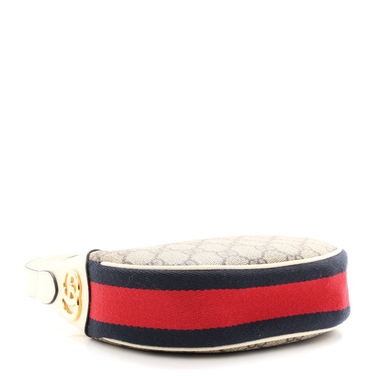 GG Supreme Monogram Textured Dollar Calfskin Web Mini Ophidia Half Moon Hobo Beige Ebony Mystic White
