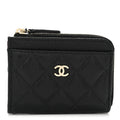 Caviar Quilted Flap Zip Card Holder Black