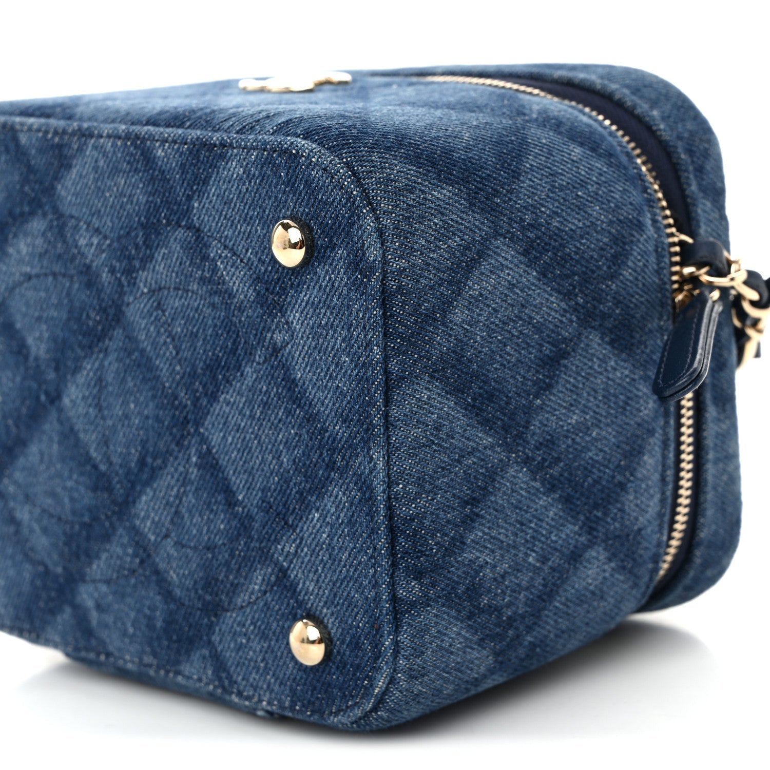 Printed Denim Quilted Mini Top Handle Vanity Case With Chain Dark Blue