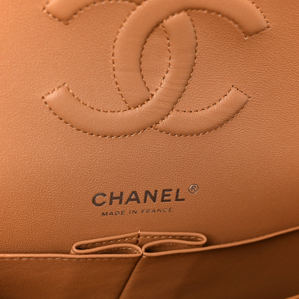 Caviar Quilted Medium Double Flap Light Brown