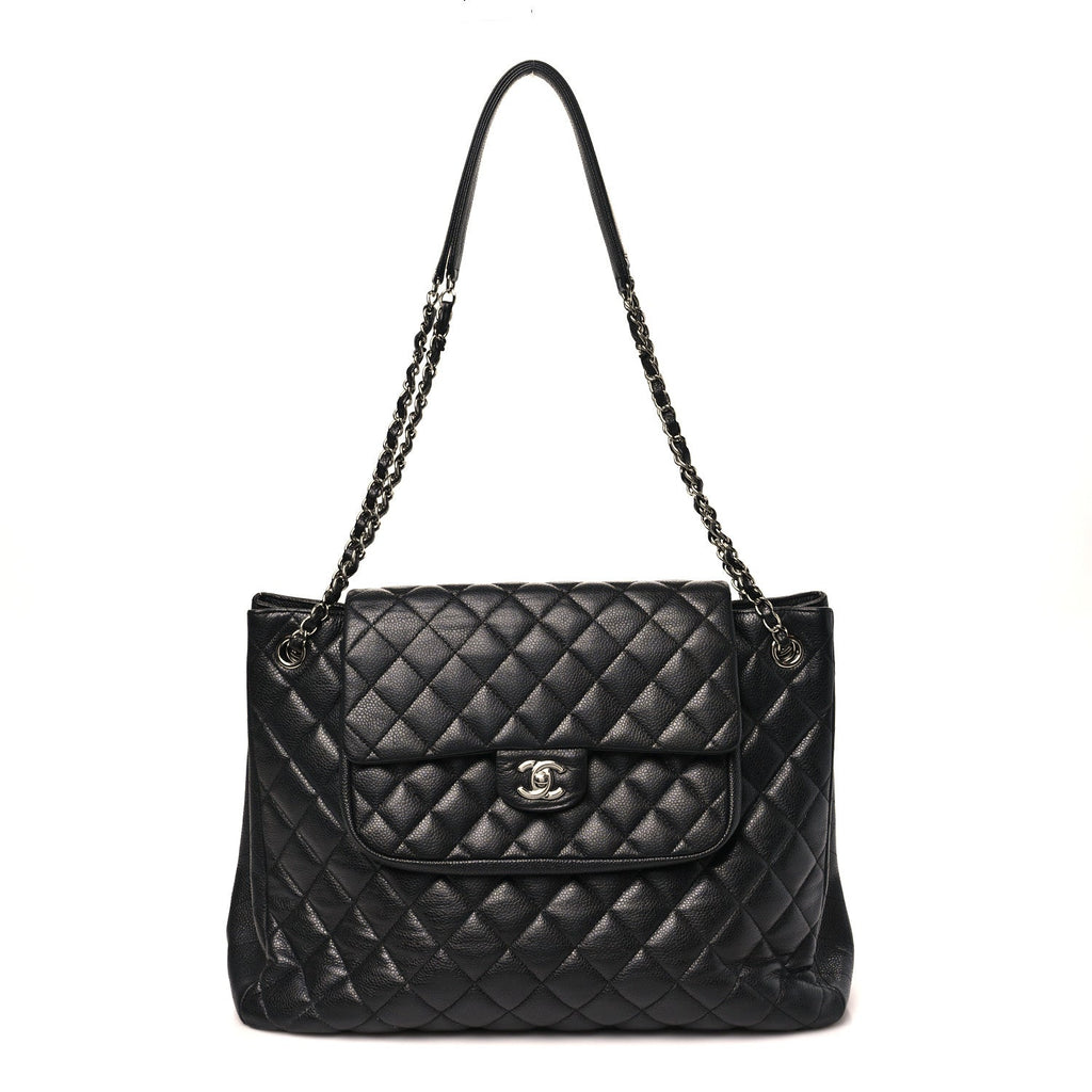Caviar Quilted Flap Tote Black
