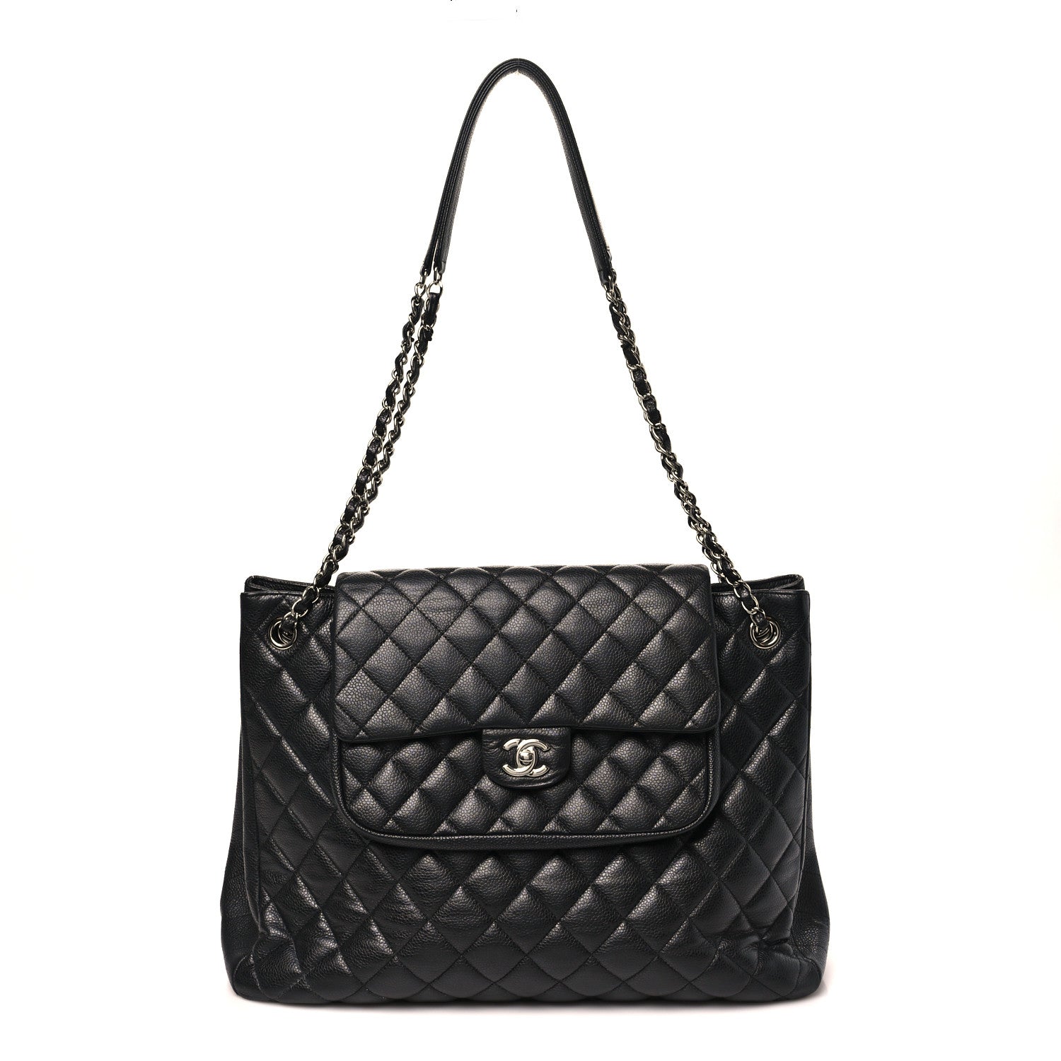 Caviar Quilted Flap Tote Black