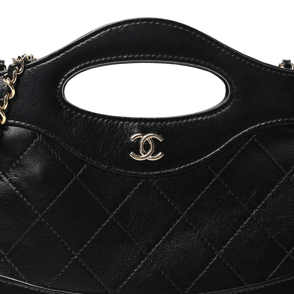 Shiny Crumpled Calfskin Quilted Nano 31 Shopping Bag Black