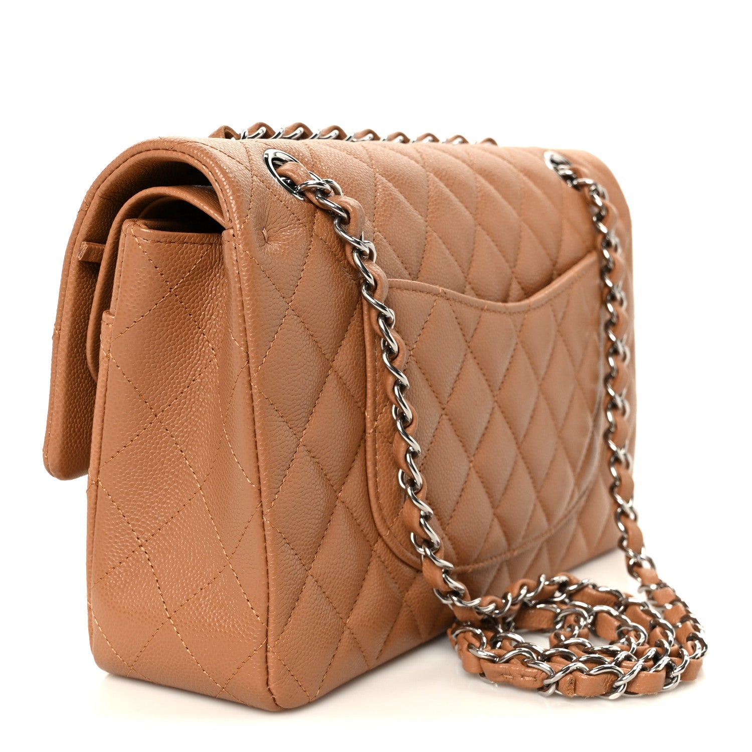 Caviar Quilted Medium Double Flap Light Brown