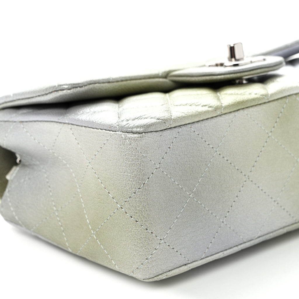 Metallic Goatskin Quilted Ombre Mini Rectangular Flap Grey Green