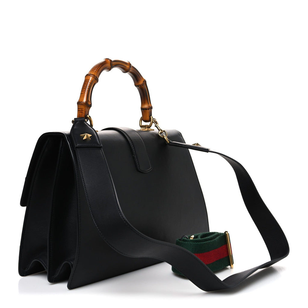Calfskin Bamboo Web Large Dionysus Top Handle Bag Black Bright Evergreen Hibiscus Red