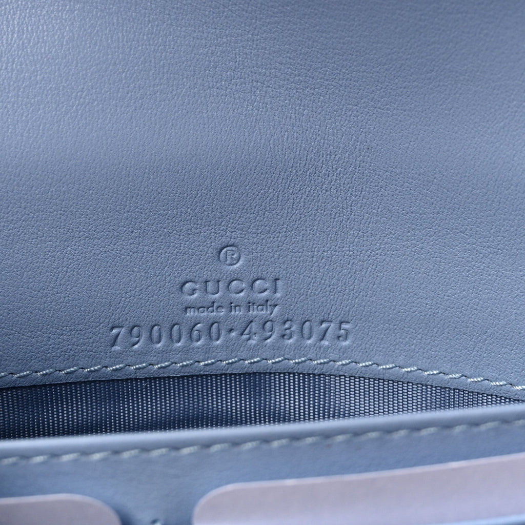GG Supreme Monogram Textured Dollar Calfskin Mini GG Marmont Chain Wallet Light Pink Blue Beige