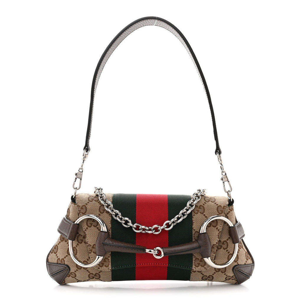 Monogram Textured Dollar Calfskin Heavy Grosgrain Web Small Maxi Horsebit Chain Shoulder Bag Beige Ebony New Acero
