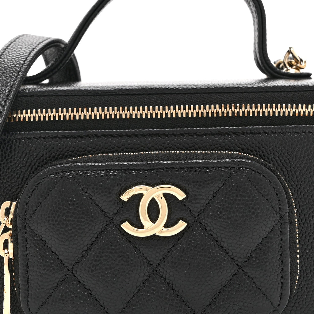 Caviar Quilted Top Handle Pocket Vanity Case Black