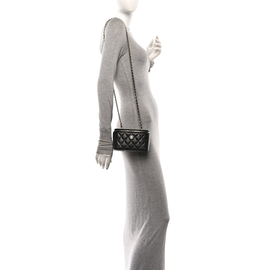 Caviar Quilted Small Vanity Case With Chain Black