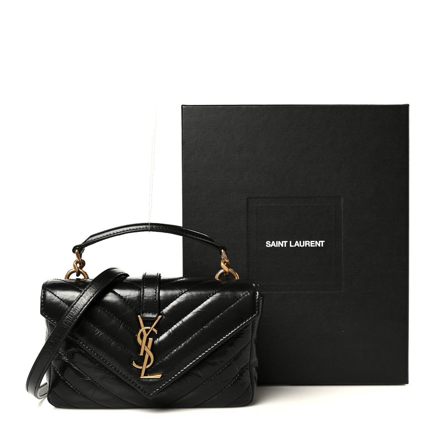 Shiny Calfskin Matelasse Chevron Monogram Mini College Bag Black