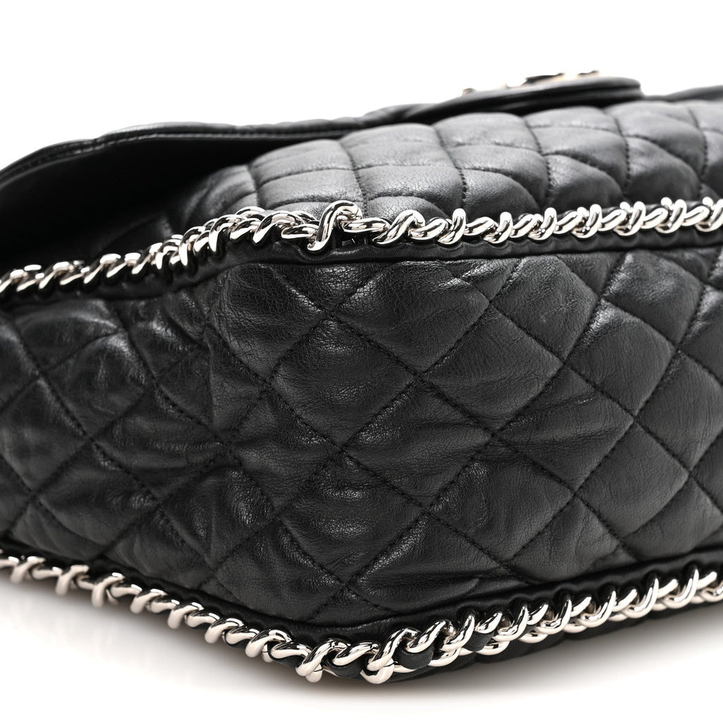 Washed Lambskin Quilted Maxi Chain Around Flap Black