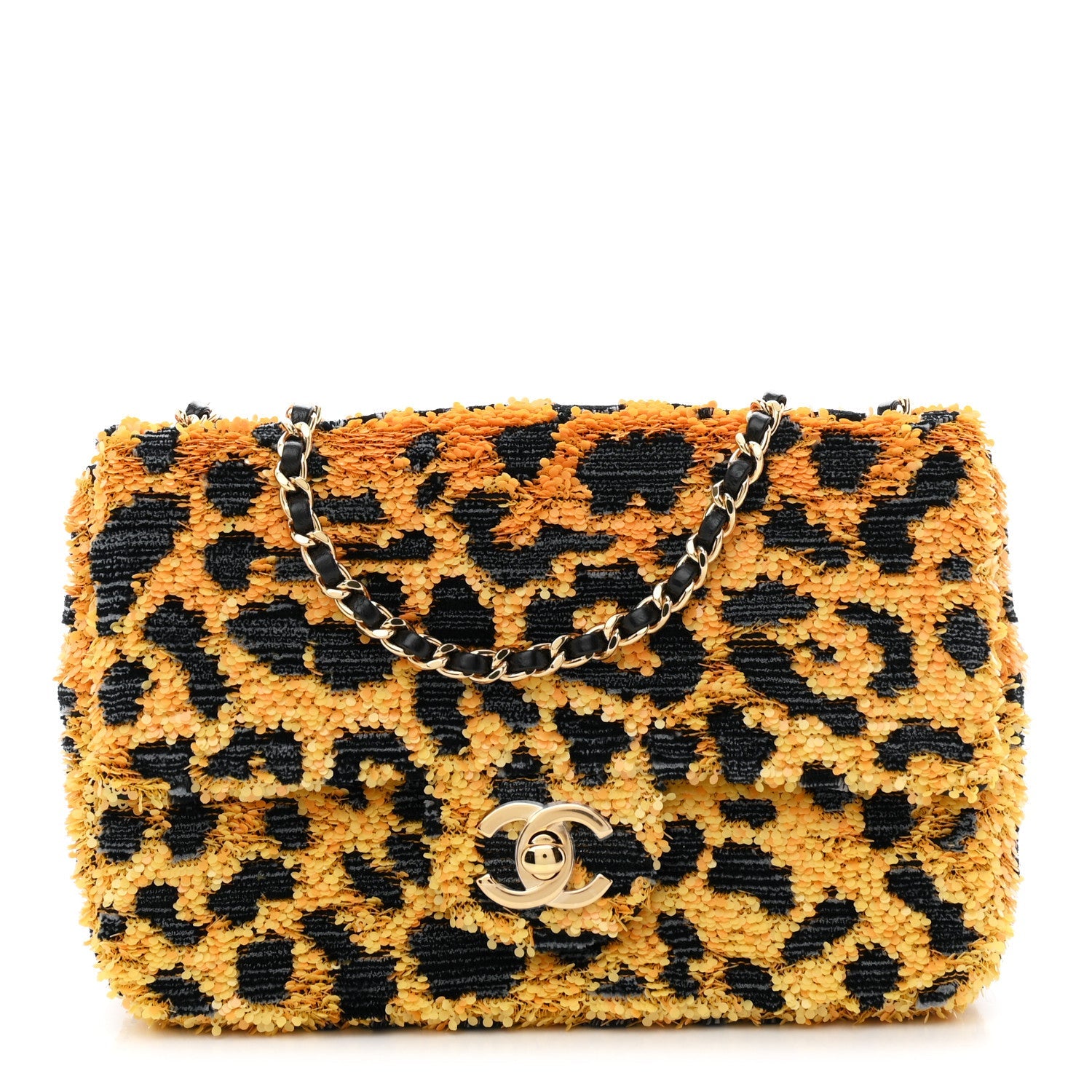 Sequin Mixed Fibers Leopard Print Mini Rectangular Flap Black Orange