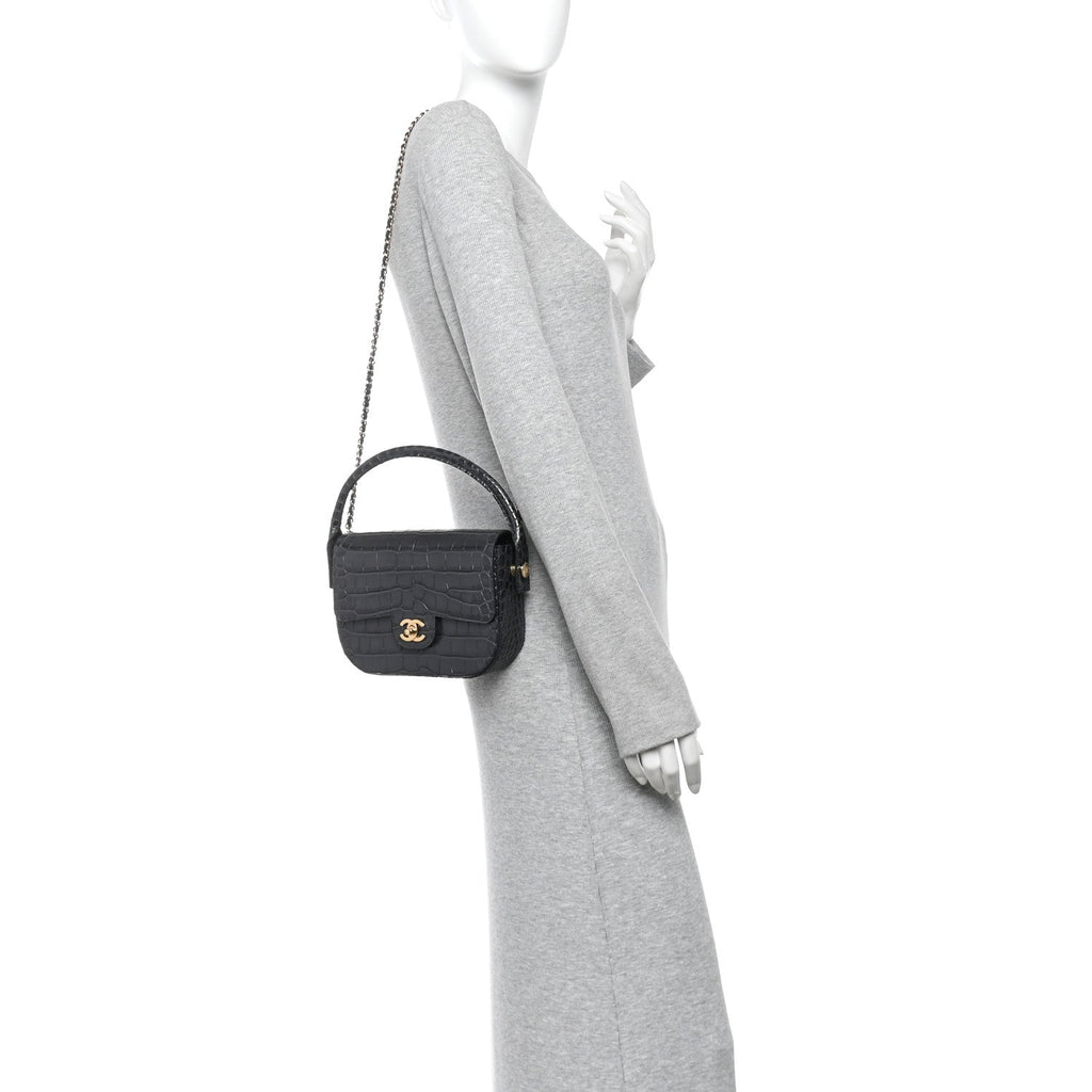 Calfskin Crocodile Embossed Turn Around Mini Flap Dark Grey