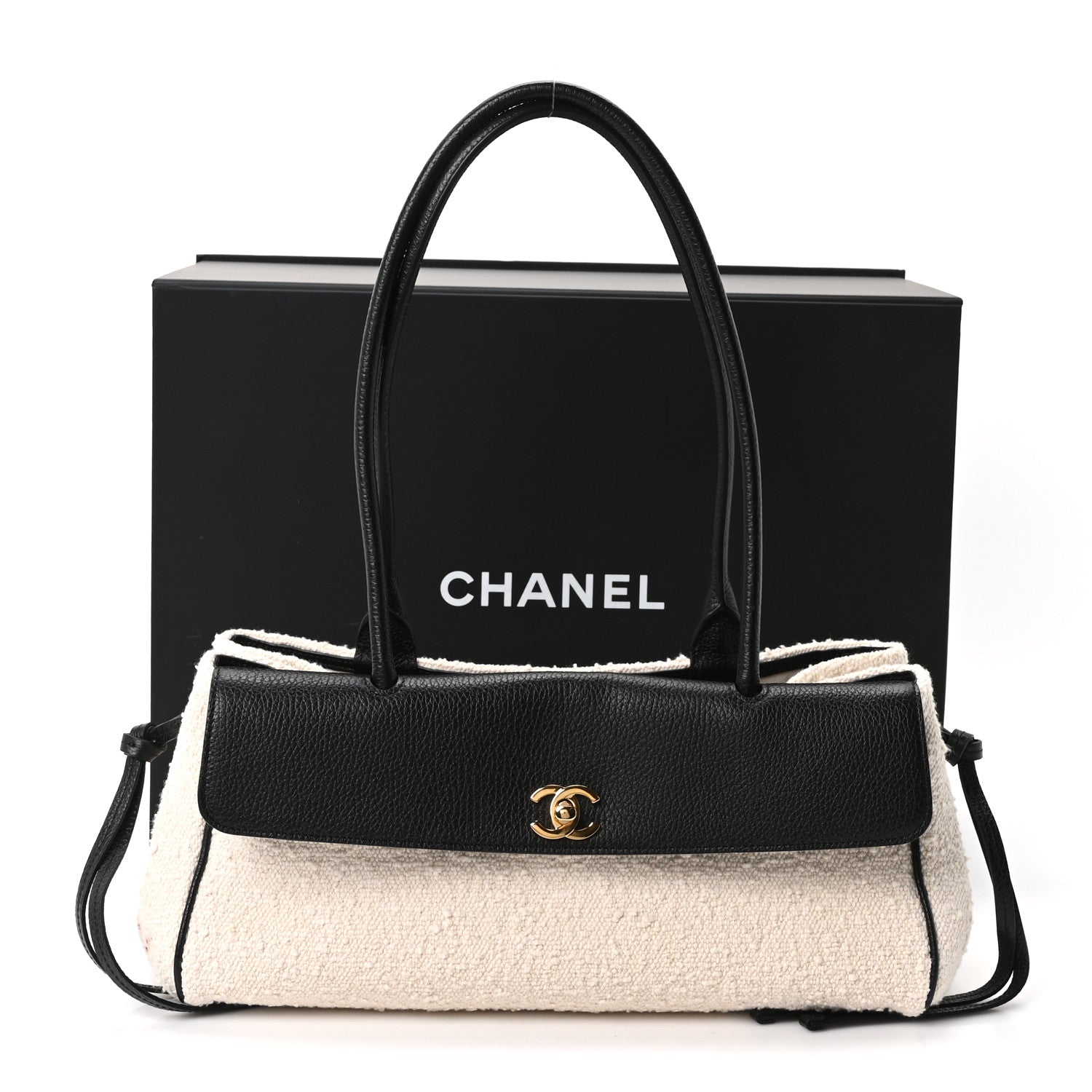 Grained Calfskin Boucle Urban Essentials Small Shopping Bag Ecru Black