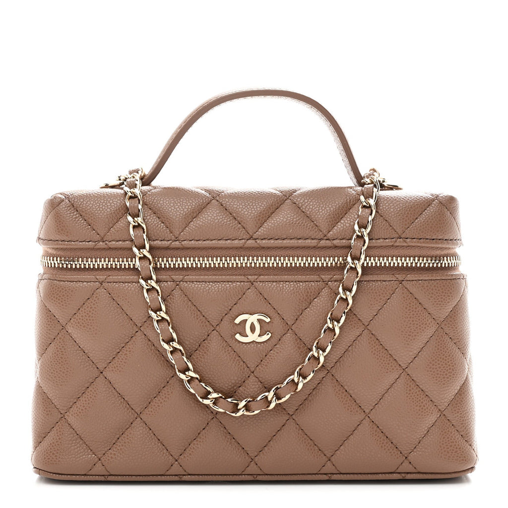 Caviar Quilted Top Handle Slim Vanity With Chain Dark Beige Dark Beige