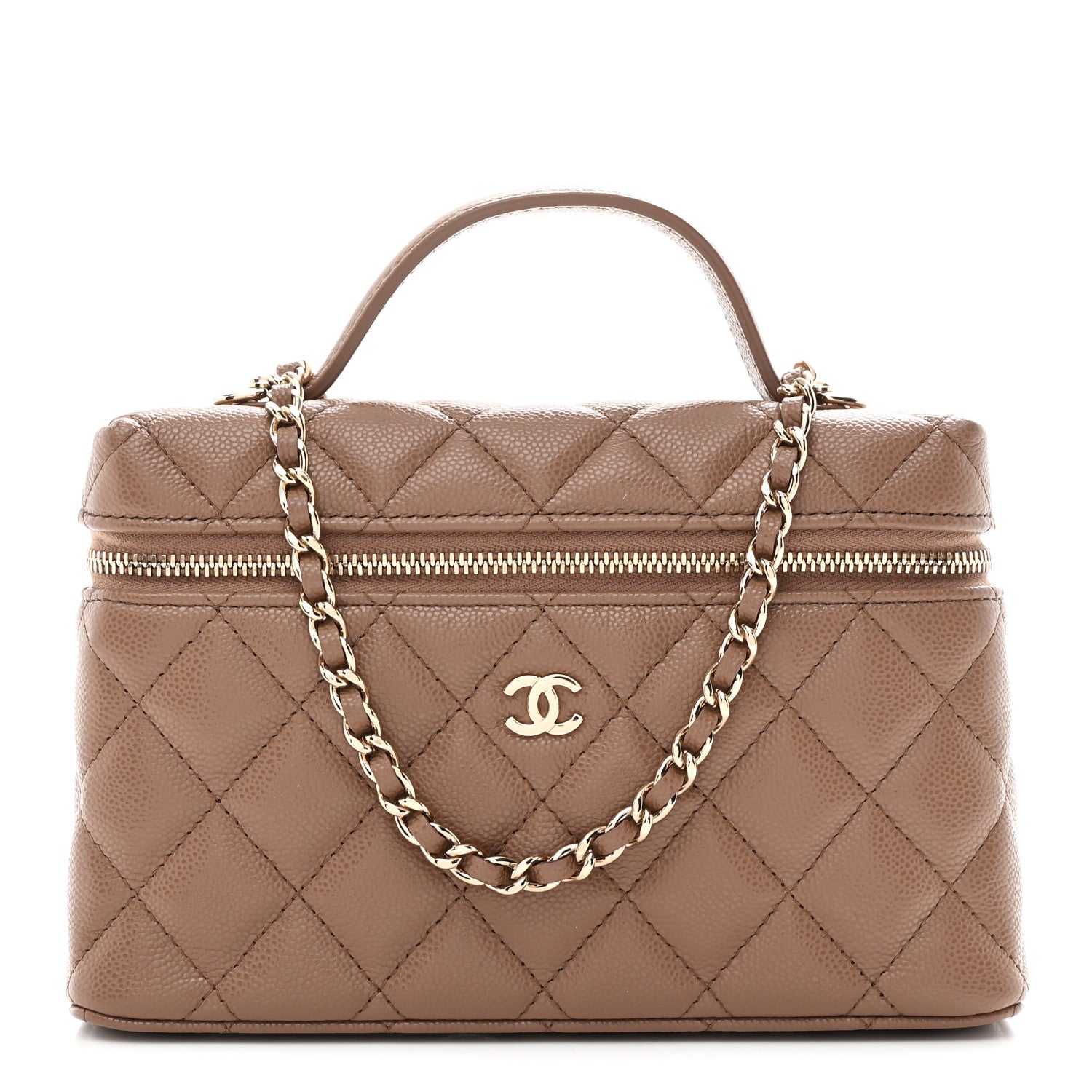 Caviar Quilted Top Handle Slim Vanity With Chain Dark Beige Dark Beige