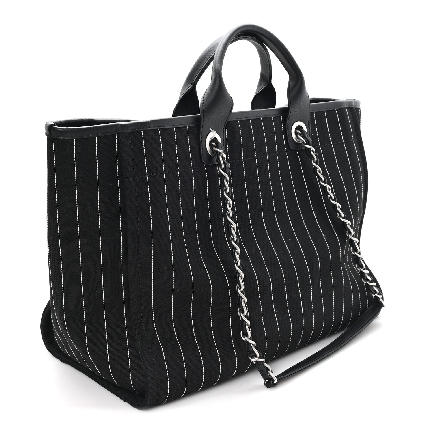 Canvas Calfskin Striped Medium Deauville Tote Black White