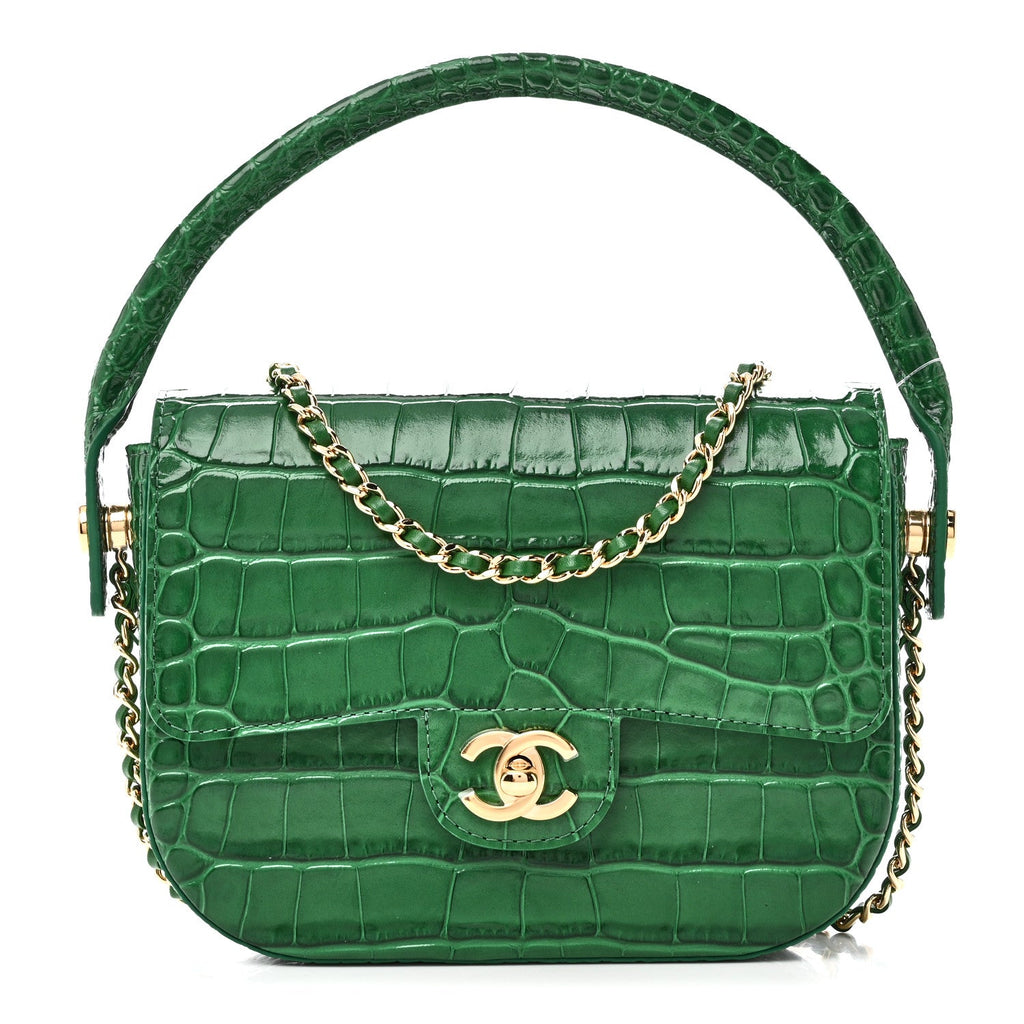 Calfskin Crocodile Embossed Turn Around Mini Flap Emerald